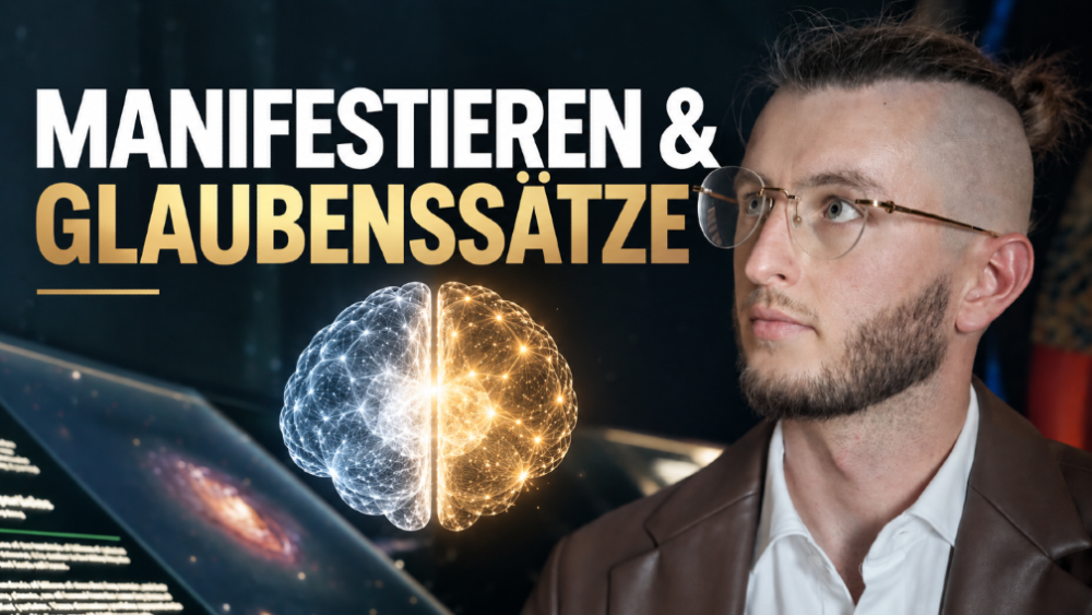 Ein nachdenklicher Mann blickt auf eine leuchtende Gehirngrafik und den Schriftzug „Manifestieren & Glaubenssätze“ – Unterbewusstsein verändern.