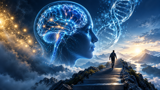 Visuelle Darstellung des Gesetzes der Anziehung mit Gehirn und DNA-Symbolik.