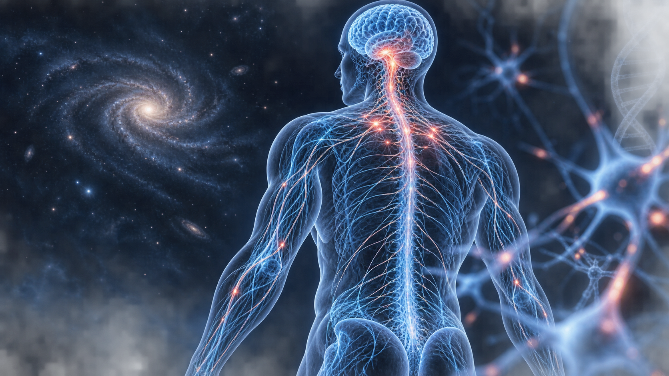 Darstellung des Gesetzes der Anziehung mit menschlicher Anatomie und Galaxie.