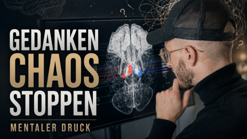 Person betrachtet eine Grafik, die Gedankenchaos und mentalen Druck darstellt.