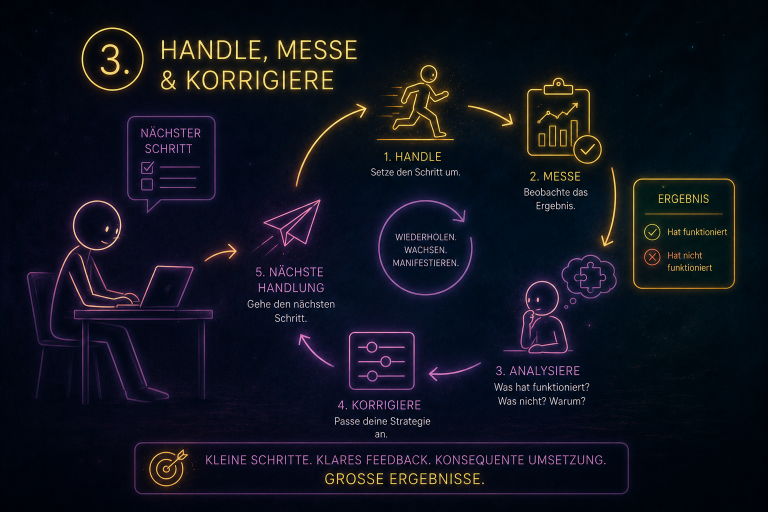 Prozess vom Handeln, Messen und Korrigieren für effektives Manifestieren.