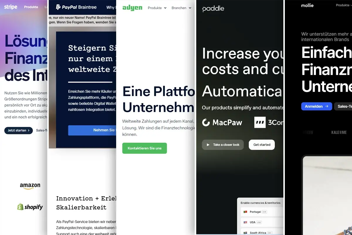 Landingpages der verschiedenen Zahlungsanbieter für SaaS