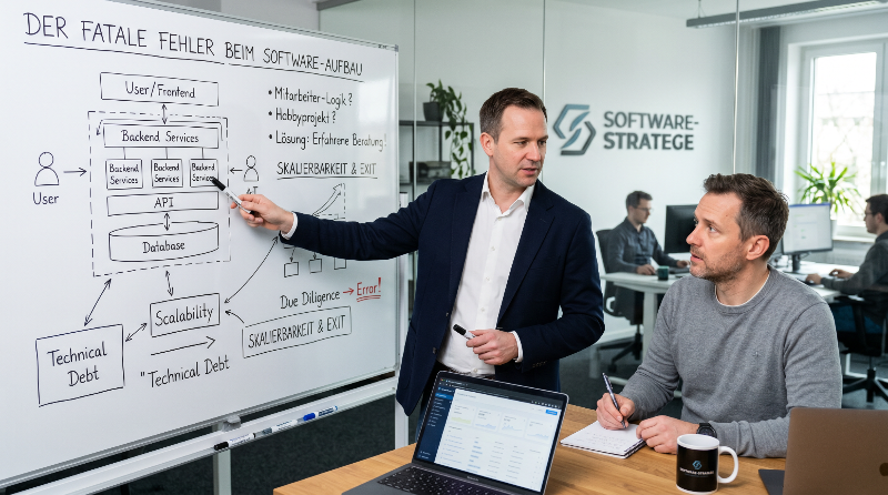 Berater erklärt den fatalen Fehler beim Software-Aufbau in einer Besprechung.