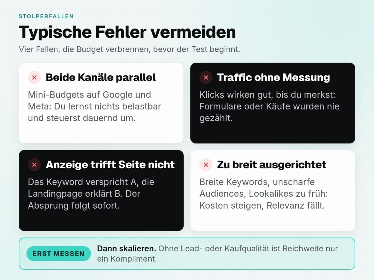Übersicht zu typischen Fehlern bei Google Ads oder Meta Ads: parallele Kanäle, fehlendes Tracking und unklare Zielgruppen.