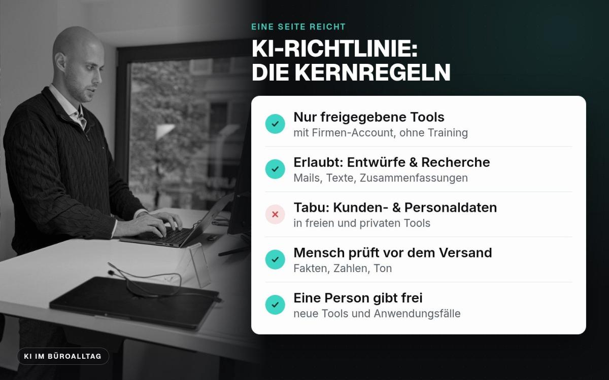 KI im Büro: Eine Person steht neben einer Infografik mit Kernregeln für den sicheren Einsatz von KI-Tools.