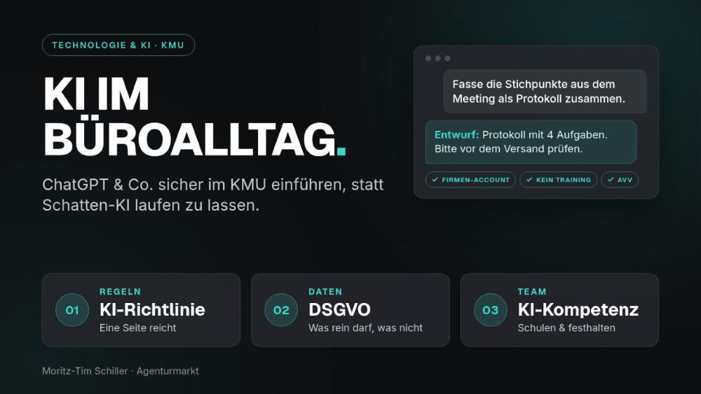 Grafik zu KI im Büroalltag mit den Themen KI-Richtlinie, DSGVO und KI-Kompetenz.
