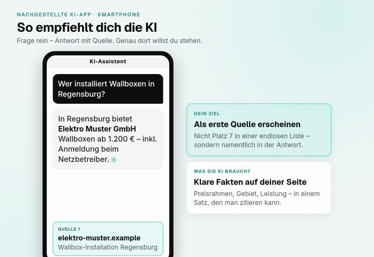 Eine KI-Antwort auf die Frage, wer Wallboxen in Regensburg installiert, zeigt die Elektro Muster GmbH.