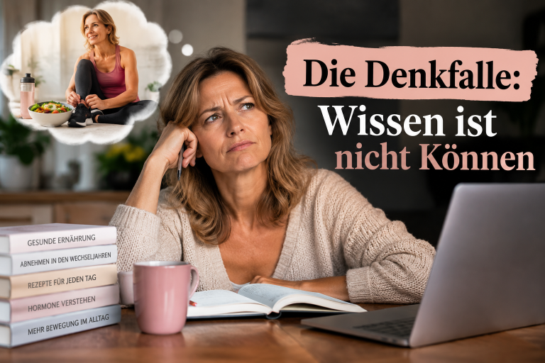 Frau denkt nach über das Thema ‚Wissen ist nicht Können‘ beim Abnehmen.