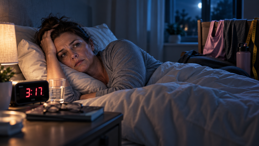 Frau liegt unruhig im Bett und denkt nach, was mit gutem Schlaf für das Abnehmen hilft.