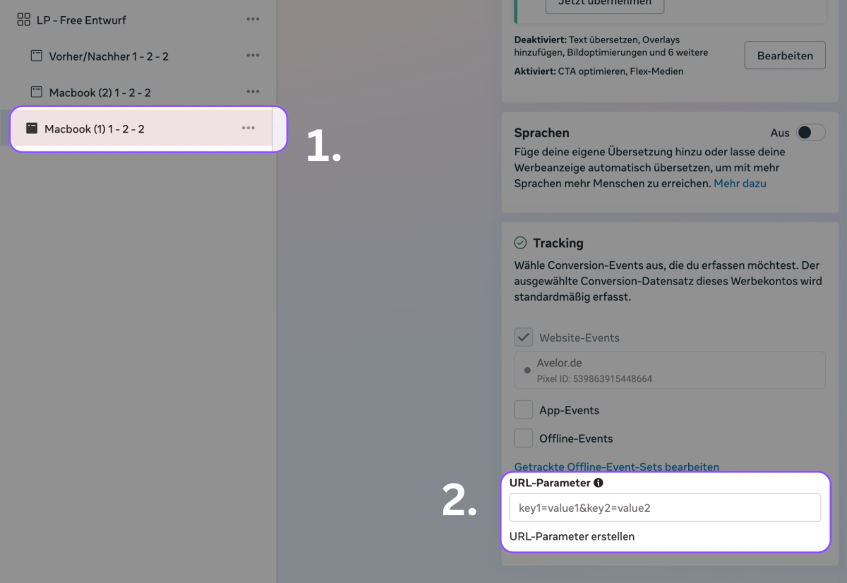 Screenshot zur Einrichtung von UTM-Parametern in einem Tracking-Tool.