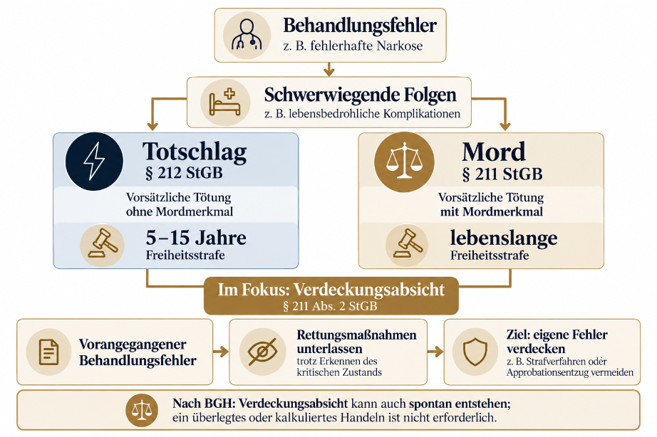 Infografik zu ärztlichem Behandlungsfehler mit schweren Folgen: Sie vergleicht Totschlag und Mord sowie mögliche Strafen.