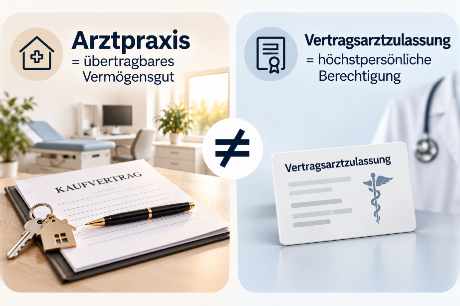 Grafik zur Praxisübergabe mit Arztpraxis als übertragbares Vermögensgut und Vertragsarztzulassung als höchstpersönliche Berechtigung.