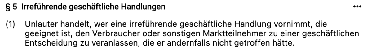 Text zu irreführenden geschäftlichen Handlungen im Gesetz.