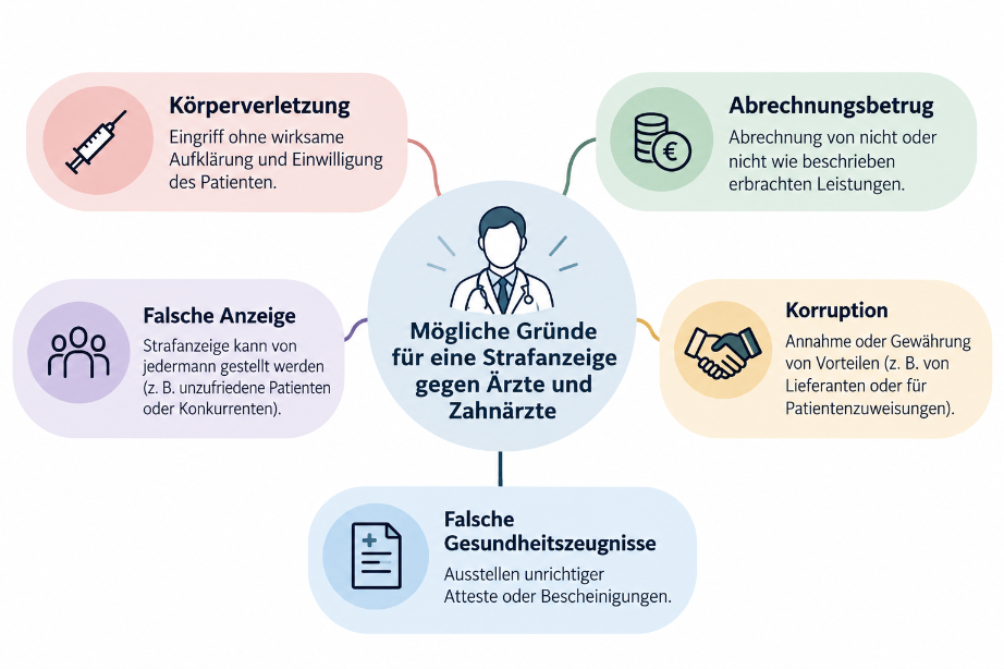 Grafik mit möglichen Gründen für eine Strafanzeige gegen Ärzte und Zahnärzte, einschließlich Körperverletzung und Abrechnungsbetrug.
