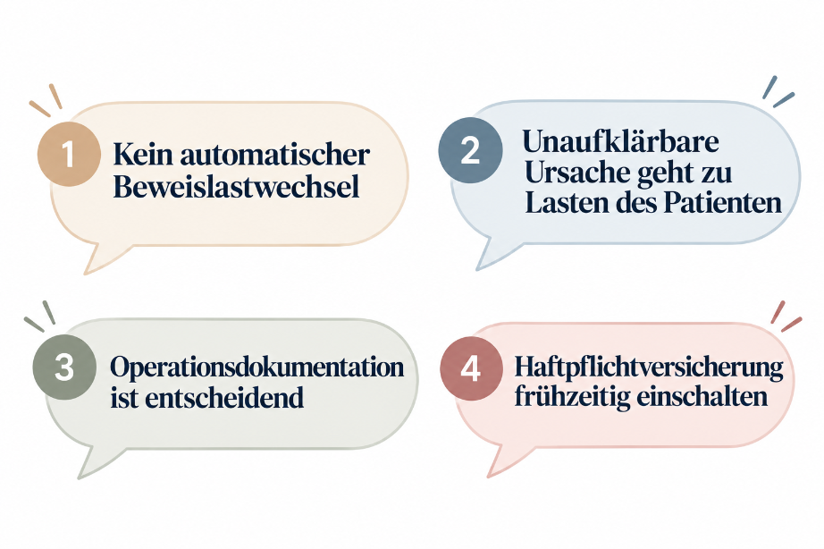 Illustration mit vier wichtigen Punkten zur Beweislast bei Lagerungsschäden im OP.