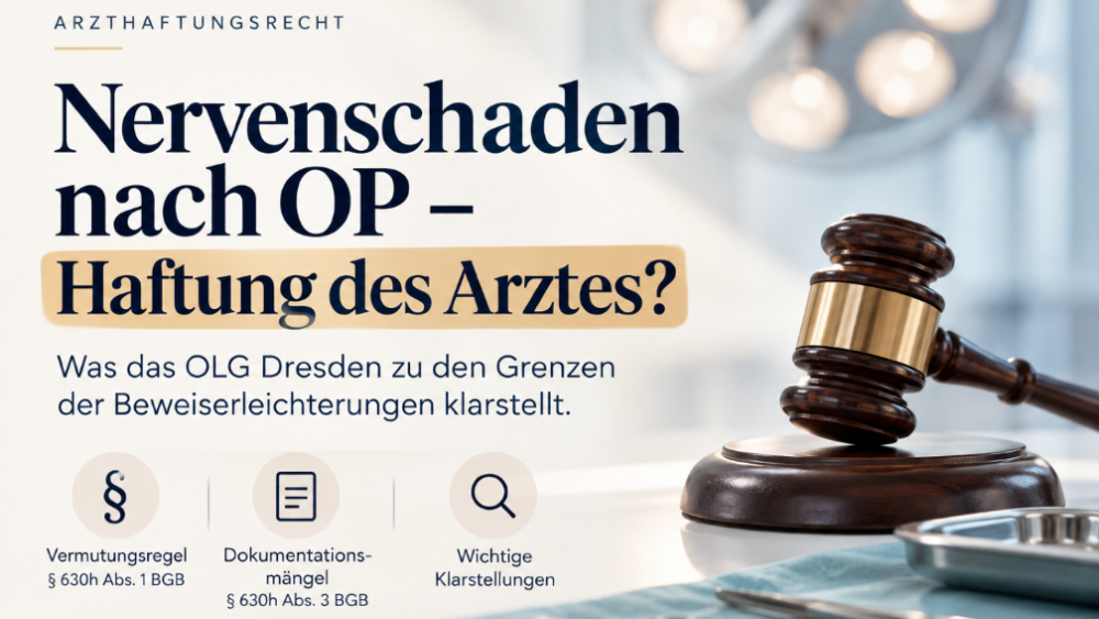 Grafik zu Nervenschaden nach OP und Haftung des Arztes mit Gesetzesparagraphen.