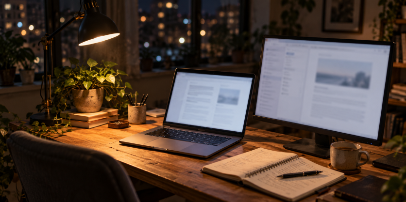 Arbeitsplatz mit Laptop und Monitor, ideal zum Texte schreiben lernen.