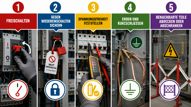Die fünf Sicherheitsregeln sind die Lebensversicherung in der Elektrotechnik.