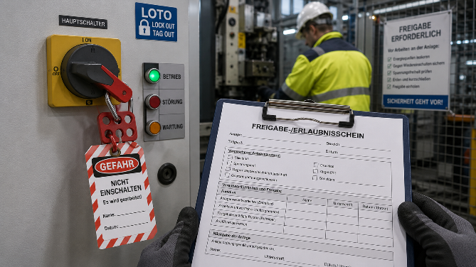 Sicherheitsfreigabe mit LOTO-System und Freigabeprotokoll in der Industrie.