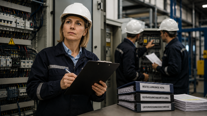 Eine Verantwortliche Elektrofachkraft überprüft Sicherheitsunterlagen in einem Betrieb.