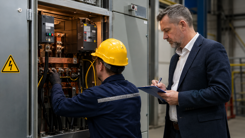 Der Geschäftsführer überwacht die elektrische Sicherheit während einer Inspektion.