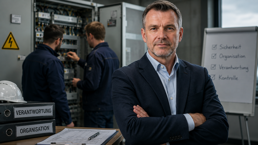 Geschäftsführer mit Fokus auf elektrische Sicherheit, Organisation und Kontrolle.