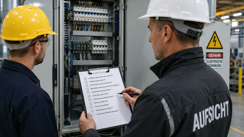 Zwei Fachkräfte prüfen Betriebsanweisungen für elektrische Anlagen.
