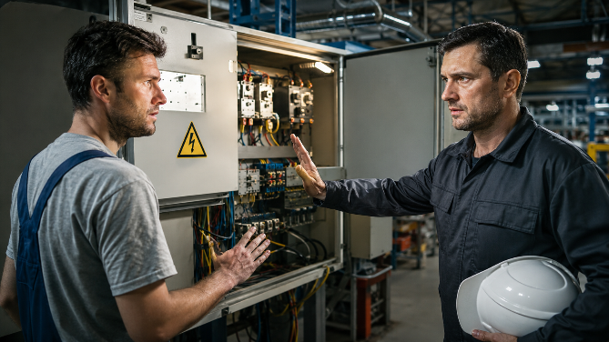 Zwei Männer besprechen Betriebsanweisungen zur Elektrotechnik an einer Steuerung.