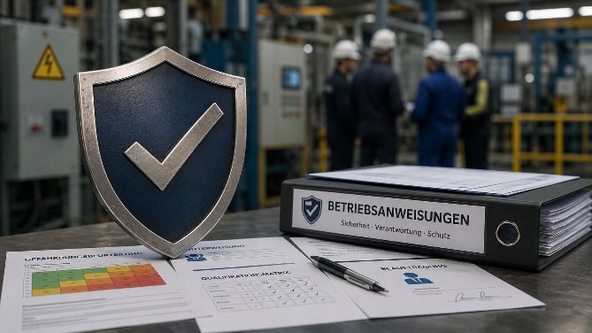 Betriebsanweisungen und Sicherheitsdokumente auf einem Tisch in einer Fabrik.