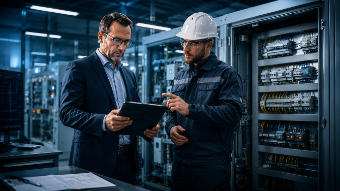 Zwei Fachleute besprechen die fachlich begleitete Elektroorganisation bei elektrischen Anlagen.