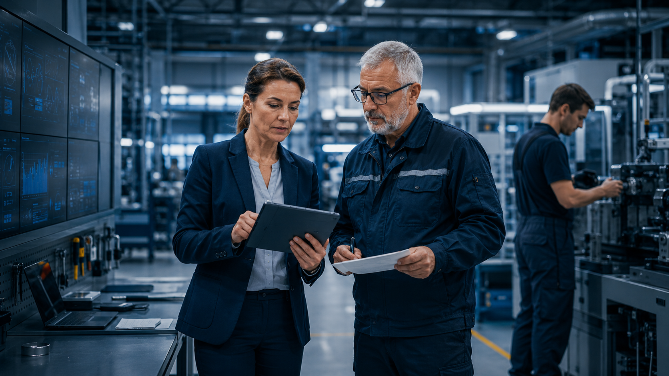 Zwei Fachleute diskutieren über die fachlich begleitete Elektroorganisation in einer Werkstatt.