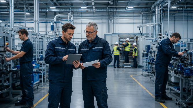 Zwei Mitarbeiter in Arbeitskleidung besprechen Dokumente zur fachlich begleiteten Elektroorganisation.