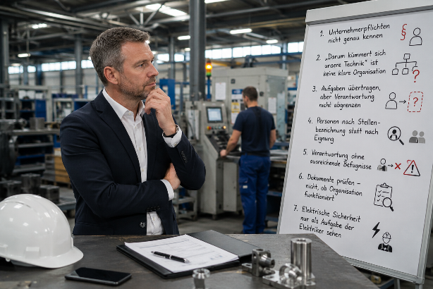 Ein Geschäftsführer analysiert Organisationsfehler zur Elektrosicherheit im Betrieb.