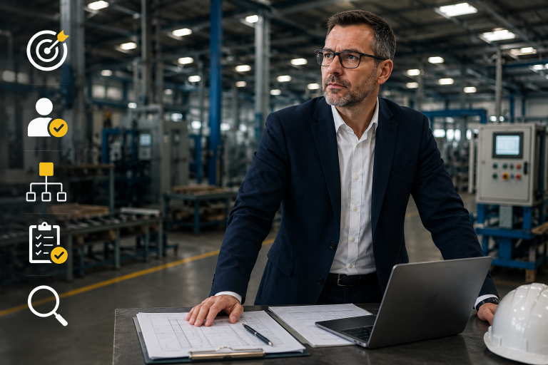 Manager in der Werkstatt untersucht elektrosicherheit im betrieb.