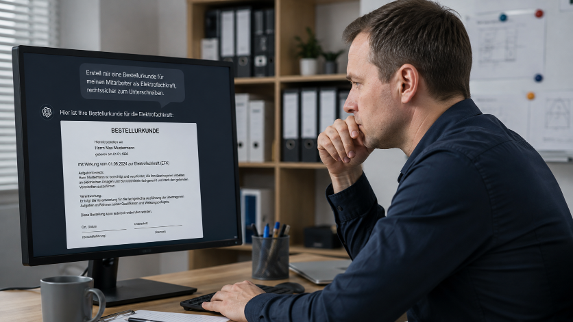 Mann analysiert ein Dokument zur Gefährdungsbeurteilung mit KI im Unternehmen.