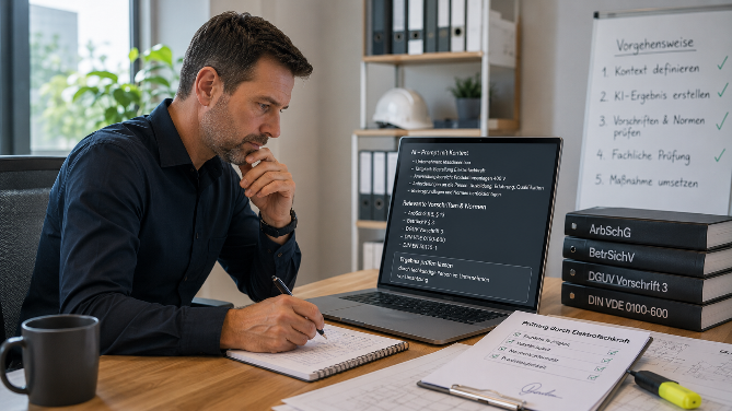 Mann am Schreibtisch analysiert KI im Unternehmen, Notizen und Laptop.