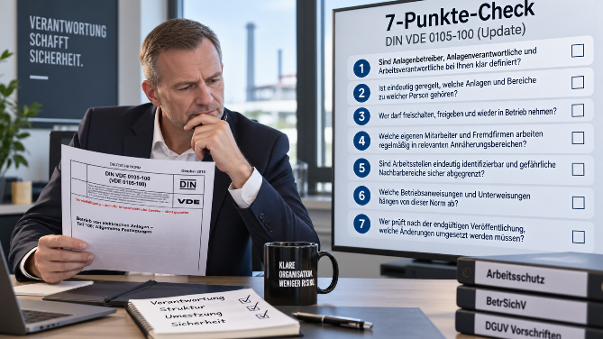 Mann prüft DIN VDE 0105-100 während des 7-Punkte-Checks am Schreibtisch.