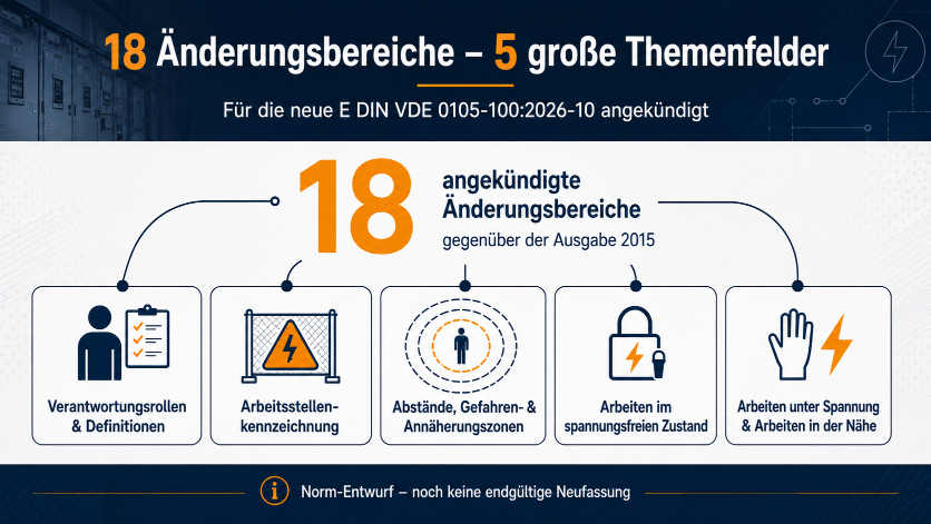 Übersicht der 18 Änderungsbereiche in der DIN VDE 0105-100 mit neuen Themenfeldern.
