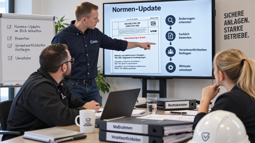 Präsentation zum Normen-Update der DIN VDE 0105-100 in einer Besprechung.