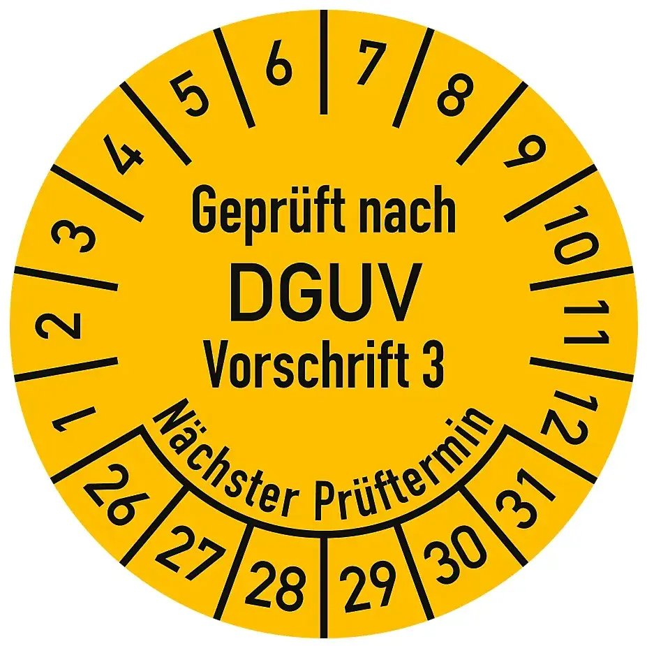 Prüfplakette nach DGUV Vorschrift 3 mit nächstem Prüftermin.