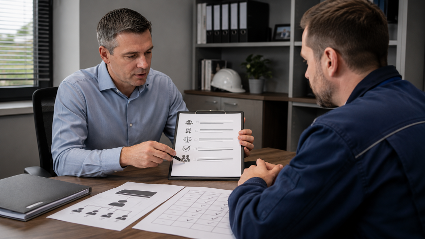 Zwei Männer besprechen Verantwortung übertragen anhand von Unterlagen.