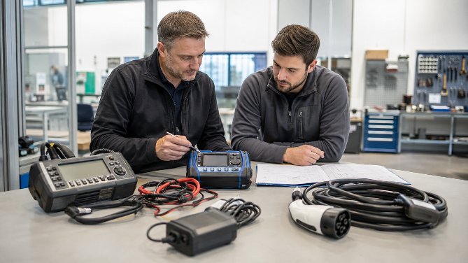 Zwei Techniker analysieren Prüfgeräte und Kabel für E-Geräte-Prüfungen.