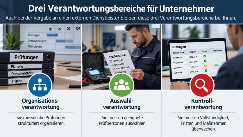 Grafik zeigt die drei Verantwortungsbereiche für Unternehmer bei E-Geräte-Prüfungen.