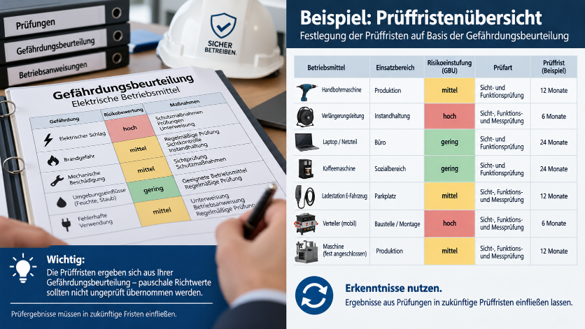 Detailansicht einer Prüffristenübersicht für E-Geräte-Prüfungen.