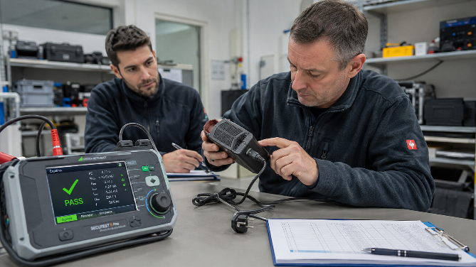 Zwei Techniker führen E-Geräte-Prüfungen am Tisch durch.