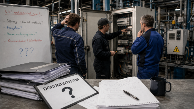 Mitarbeiter in der Elektrotechnik prüfen an der Anlage die Verantwortung.