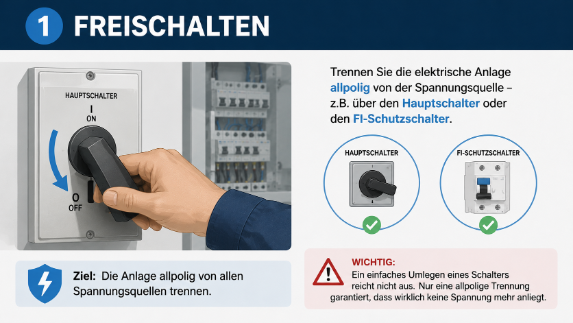 Illustration des Freischaltens einer elektrischen Anlage gemäß den Sicherheitsregeln der Elektrotechnik.