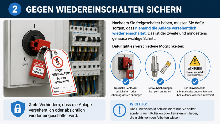 Anleitung zur Sicherung gegen Wiedereinschalten im elektrischen Bereich.