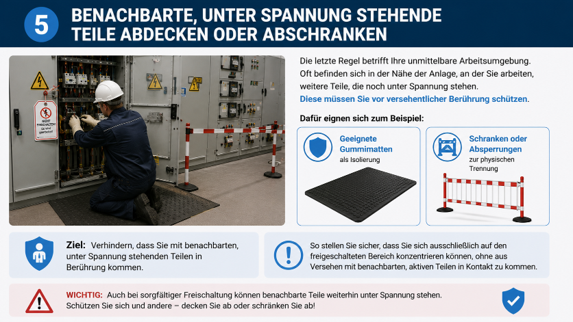 Arbeiter deckt benachbarte unter Spannung stehende Teile ab, Sicherheitsregeln Elektrotechnik.
