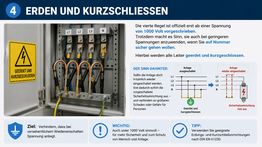 Illustration der Sicherheitsregeln der Elektrotechnik mit Fokus auf Erden und Kurzschließen.